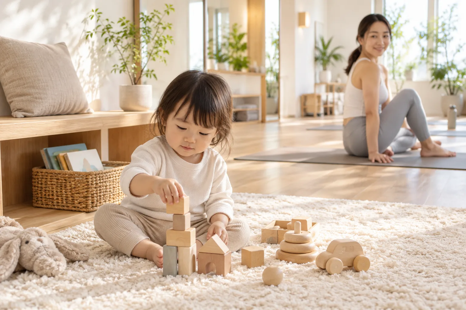 AIイメージ：木のおもちゃで遊ぶ子どもと、そばで見守りながら体を動かす母親