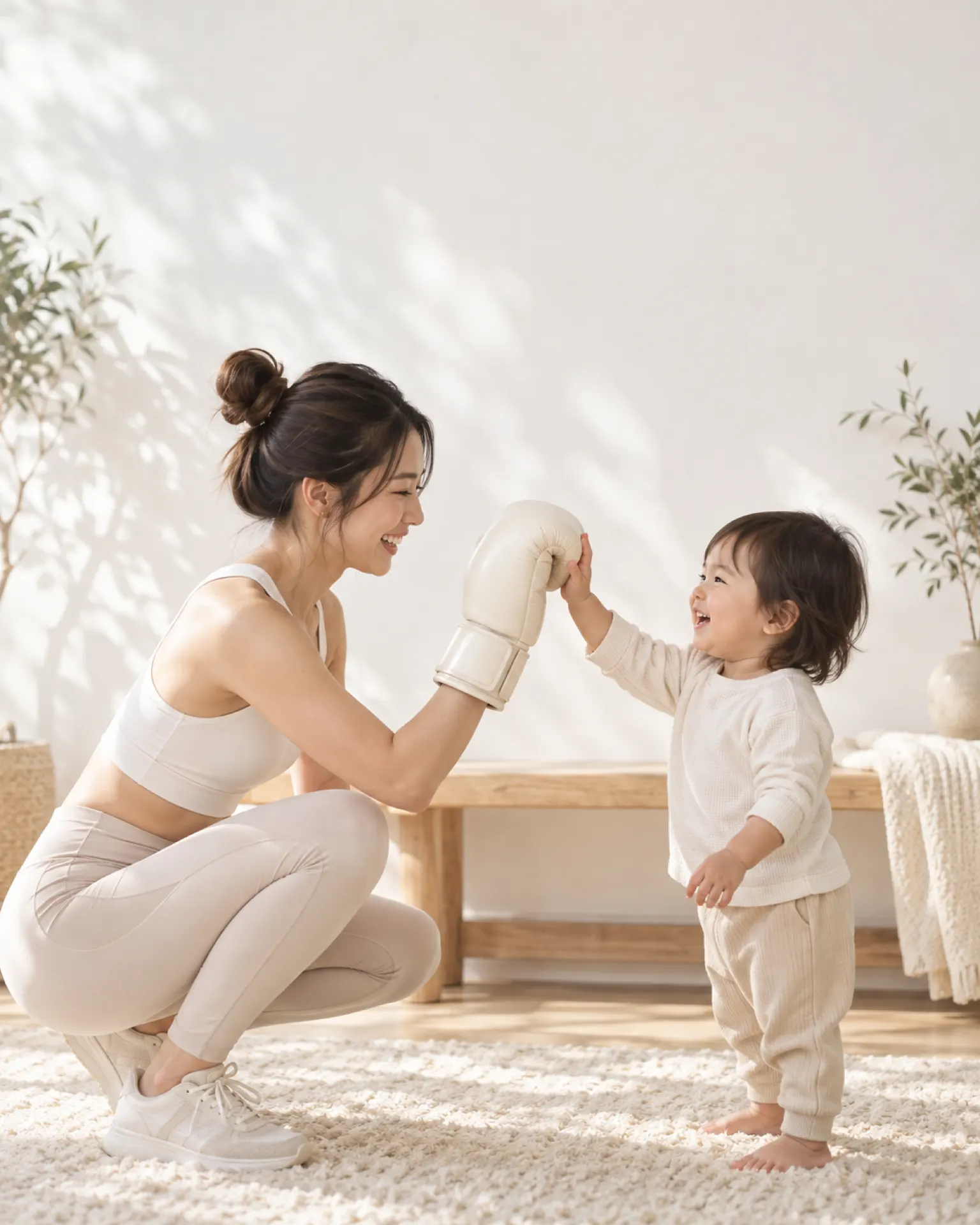 AIイメージ：スタジオでしゃがんだ母親と、笑顔でハイタッチをする小さな子ども
